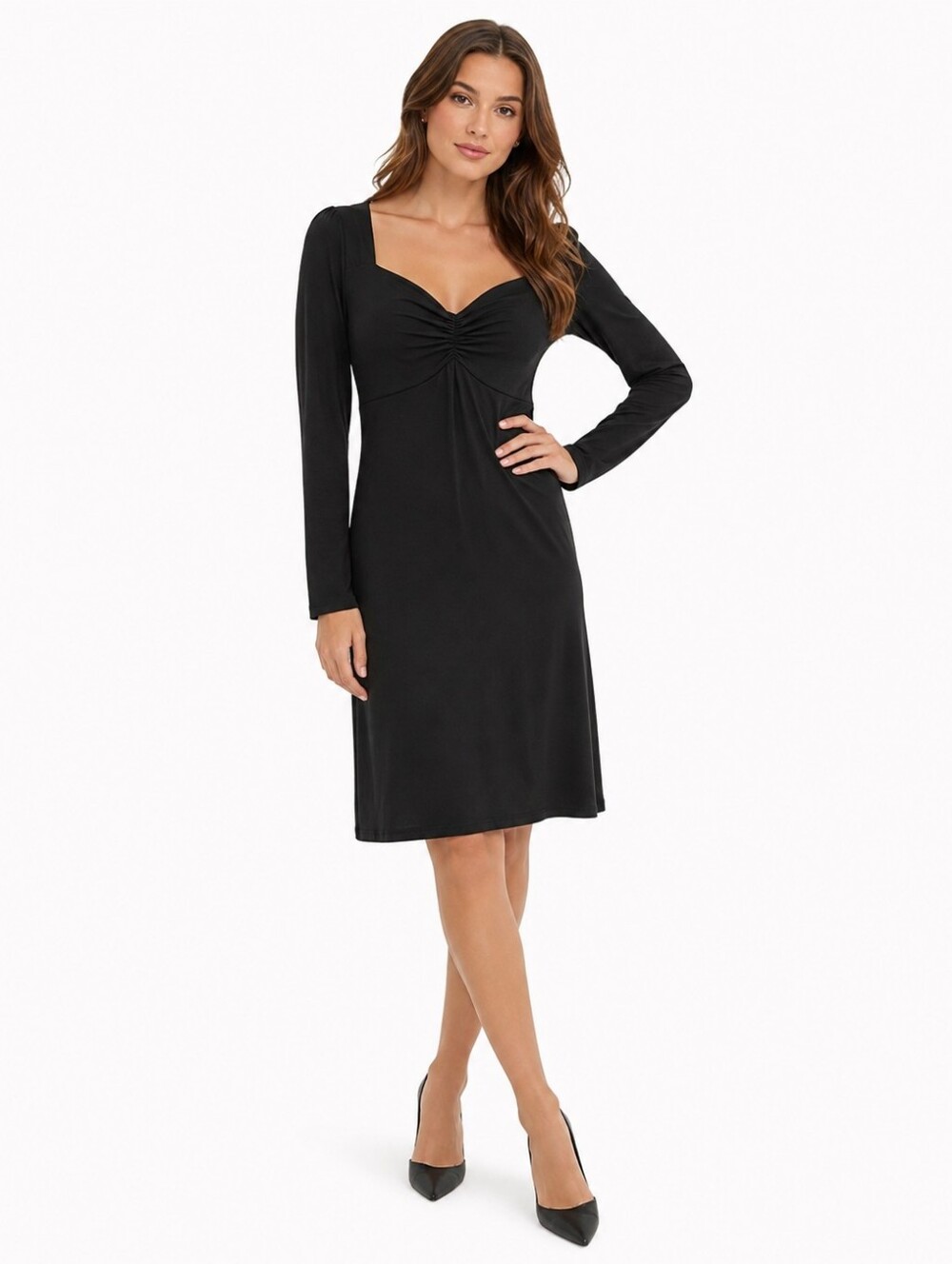 Boden Black Ruched Sweetheart Neck Long Sleeve Jersey Dress Size 14R